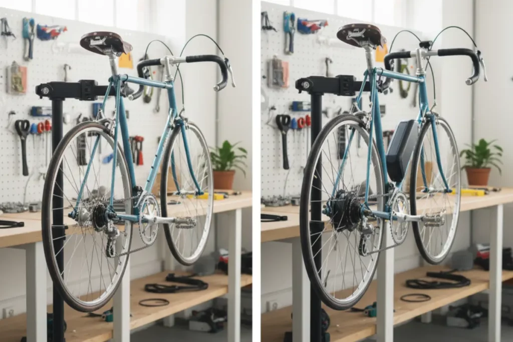 avantaprès installation d'un moteur électrique sur vélo