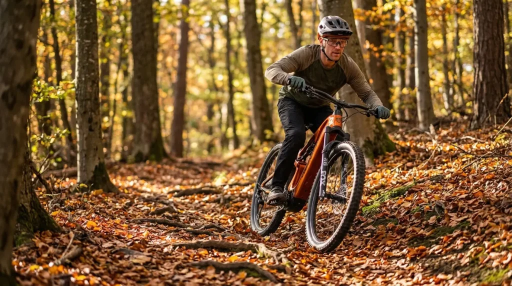 vtt électrique sur chemin en forêt