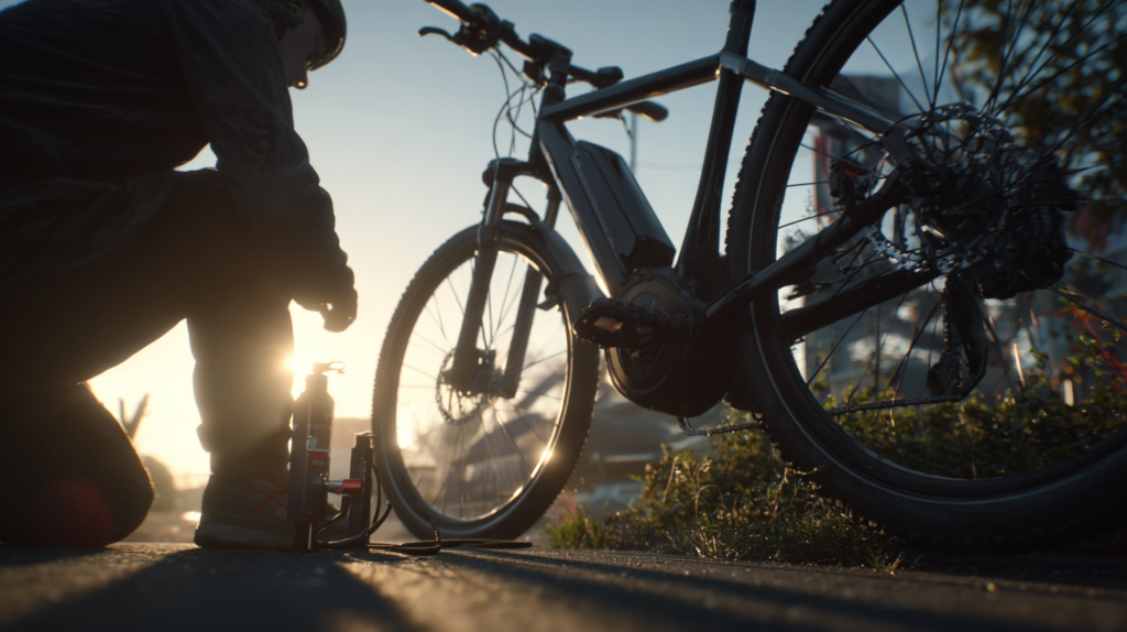 vérification pression des pneus d'un vélo électrique
