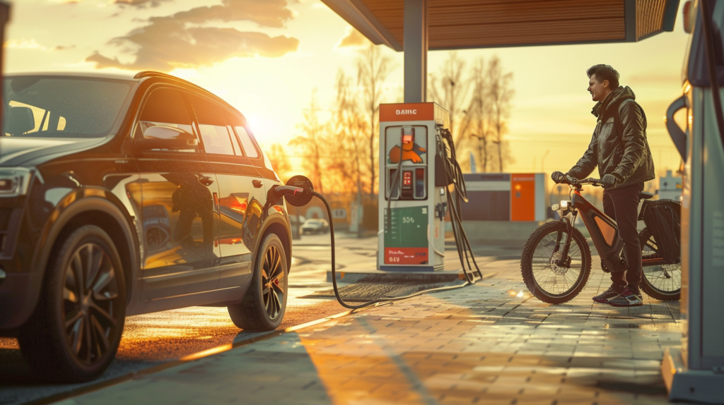 vélo électrique dans une station essence