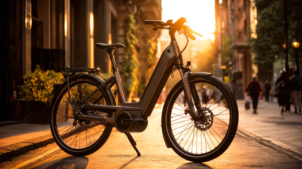 vélo électrique peugeot dans la rue au couché de soleil