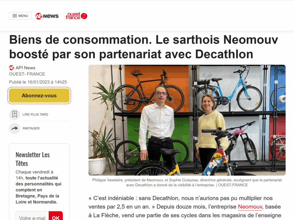 article ouest france sur le partenariat neomouv et decathlon
