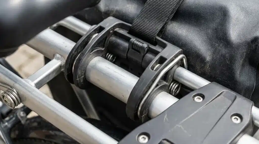 attache des sacoches sur le porte bagage