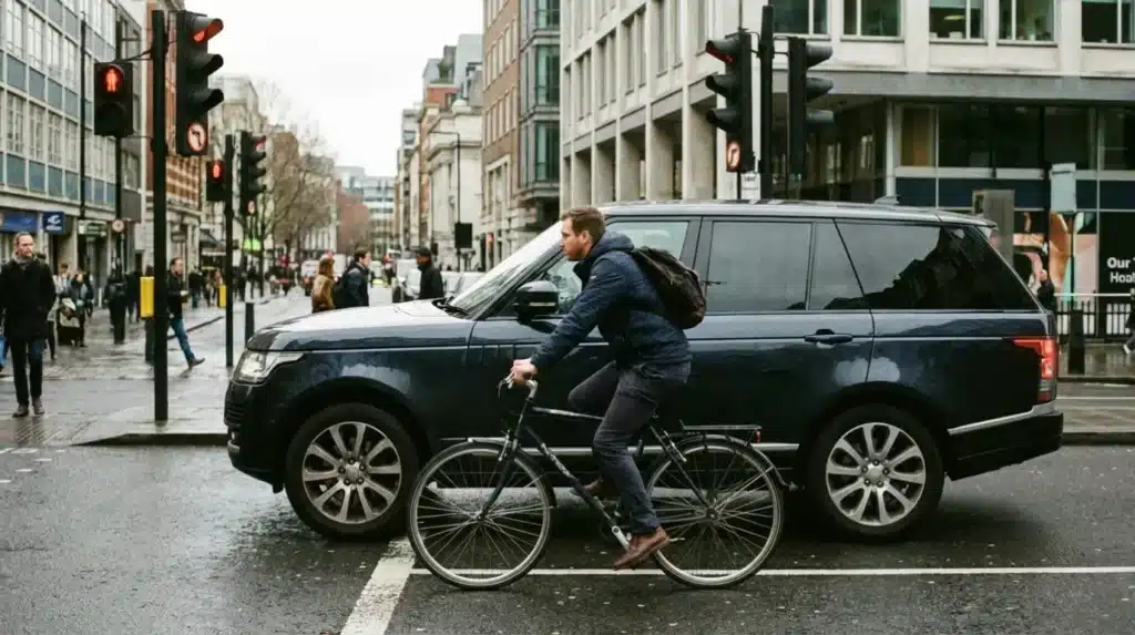 cycliste à côté d'un suv