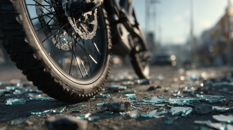 pneu anti crevaison sur chaussé avec débris d everre