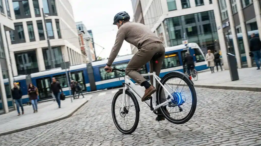 acrobatie avec un vélo électrique sans batterie.