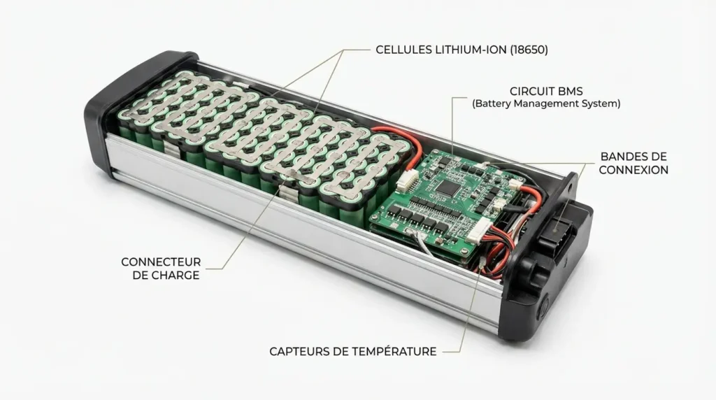 batterie ouverte avec composants apparents