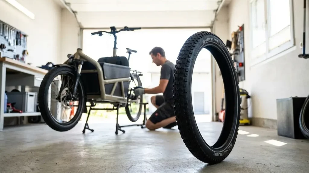 changement des pneus sur un vélos électrique cargo