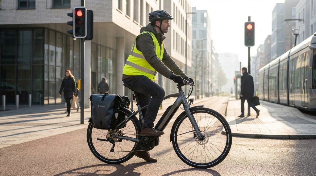 cycliste en vae qui traverse une intersection