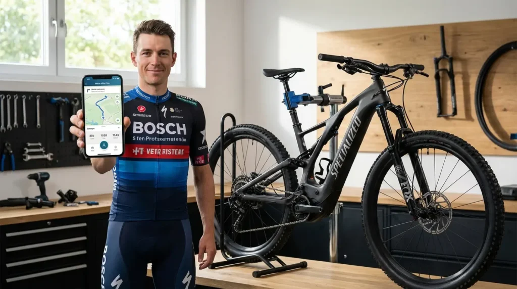 cycliste montrant l'interface bosch avec son téléphone