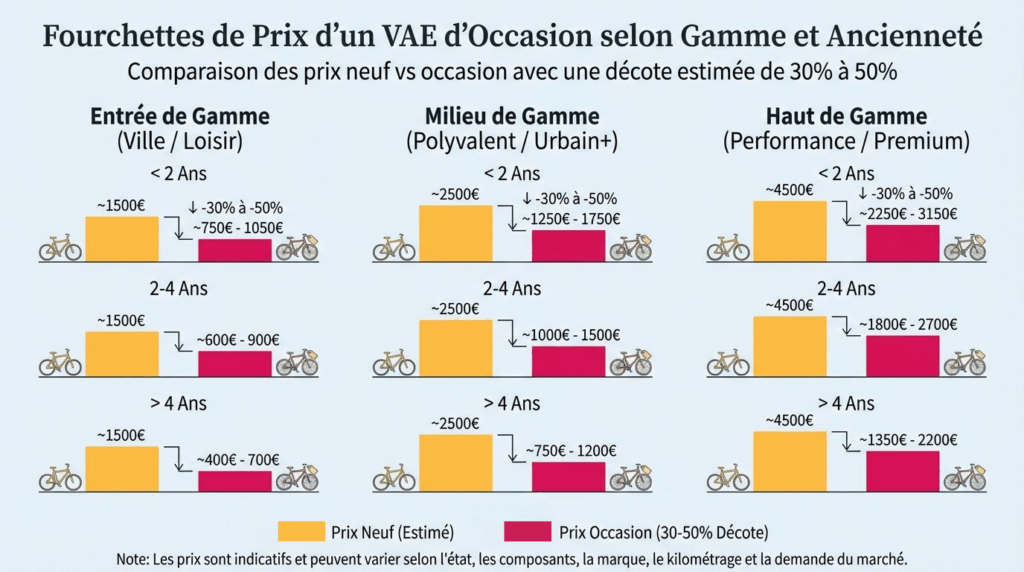 schéma des la décote des prix d'un vae d'occasion selon la gamme et l'ancienneté