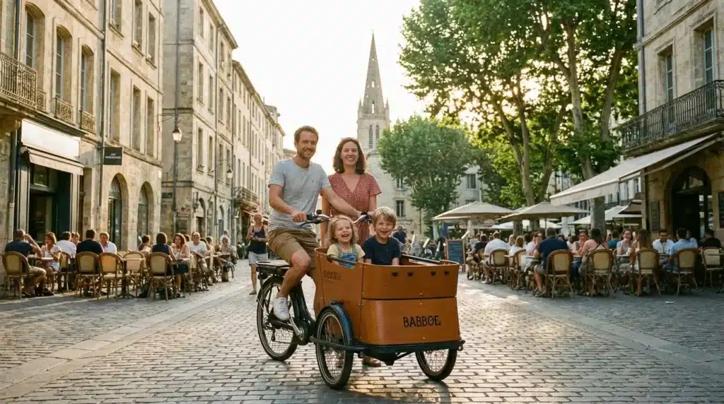 vélo cargo en centre ville pendant les vacances