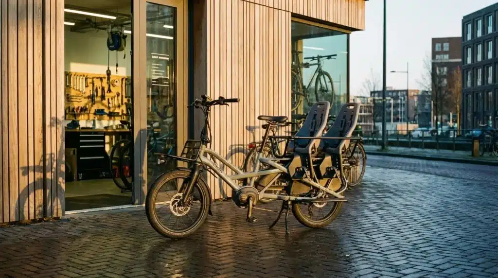 vélo longtail garé devant un magasin d'entretien vélo