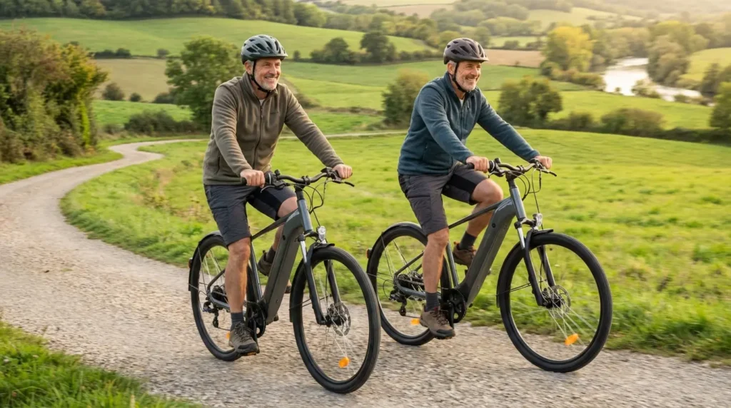 2 seniors amis en balade avec le rockrider e actv 100