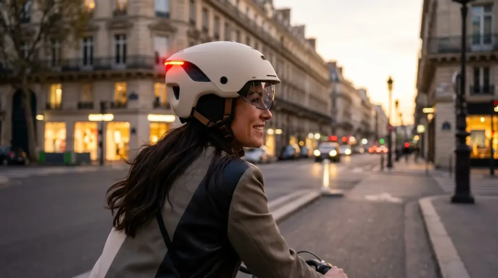 cycliste en ville avec casque lumineux