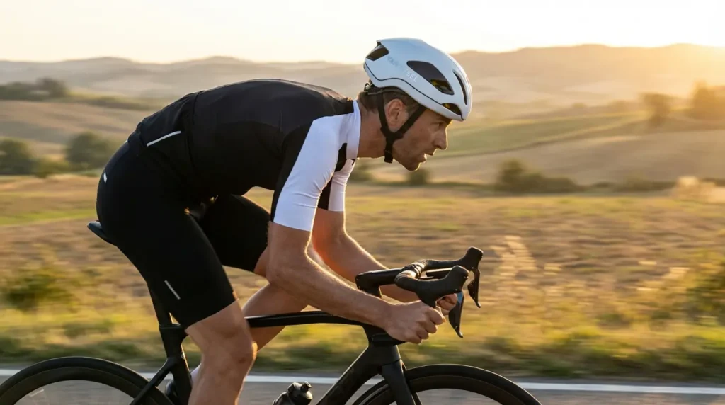 cycliste sur la route avec casque van rysel