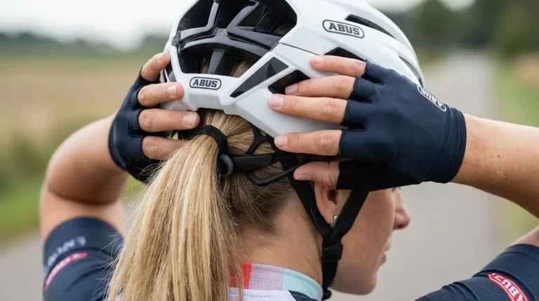 femme cycliste ajustant son casque abus