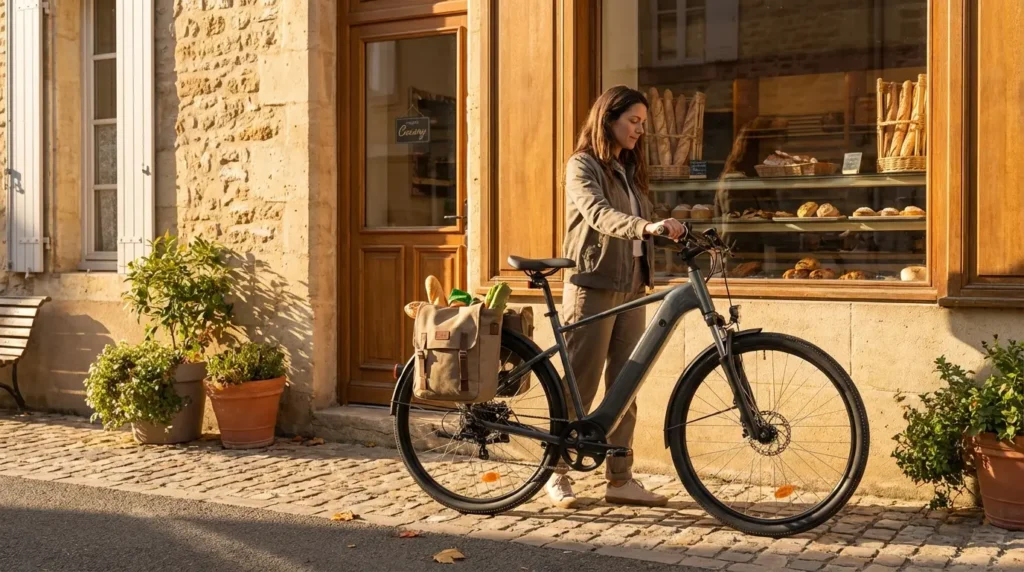 femme devant une boulangerie avec le rockrider e actv 100