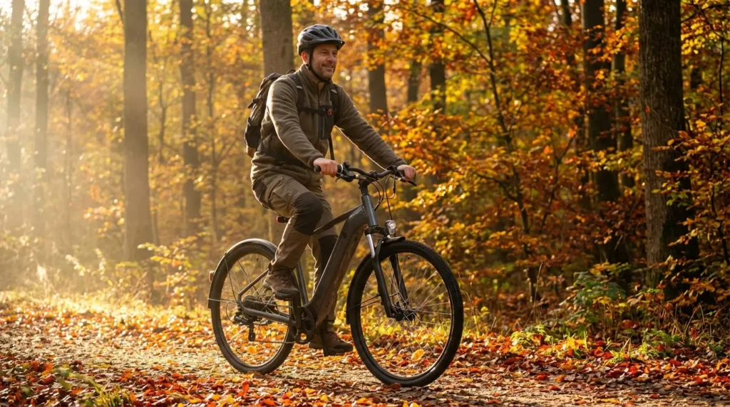 homme dans les bois avec le rockrider e actv 100