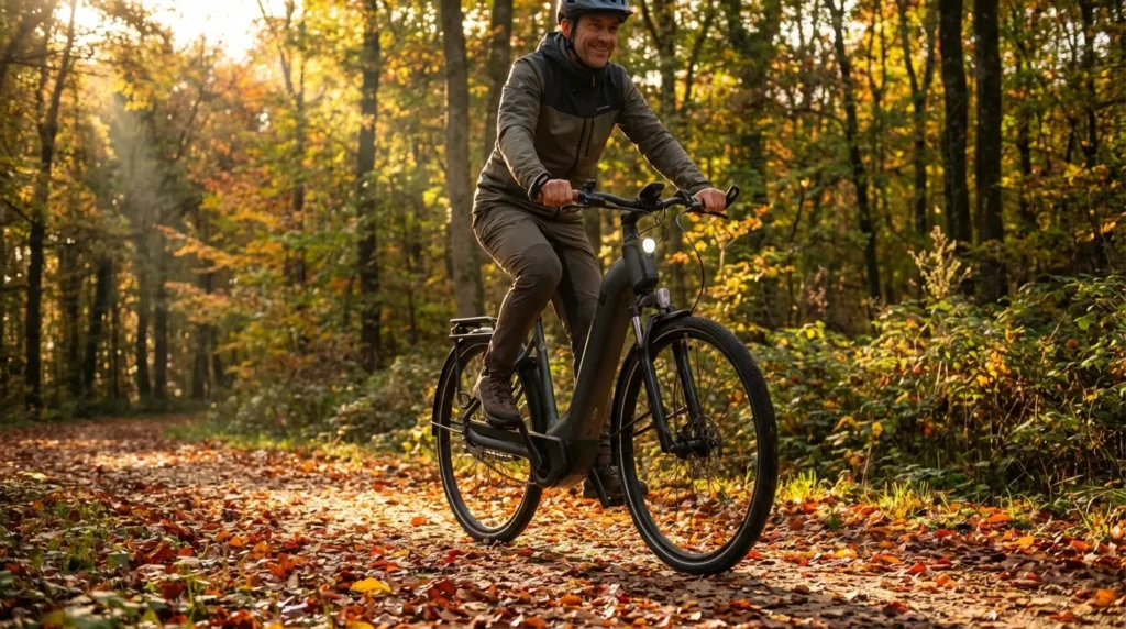 homme sur rockrider e actv 900 dans la forêt