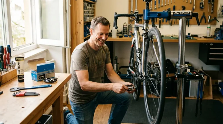 mécanicien en train de changer une pédale de vélo