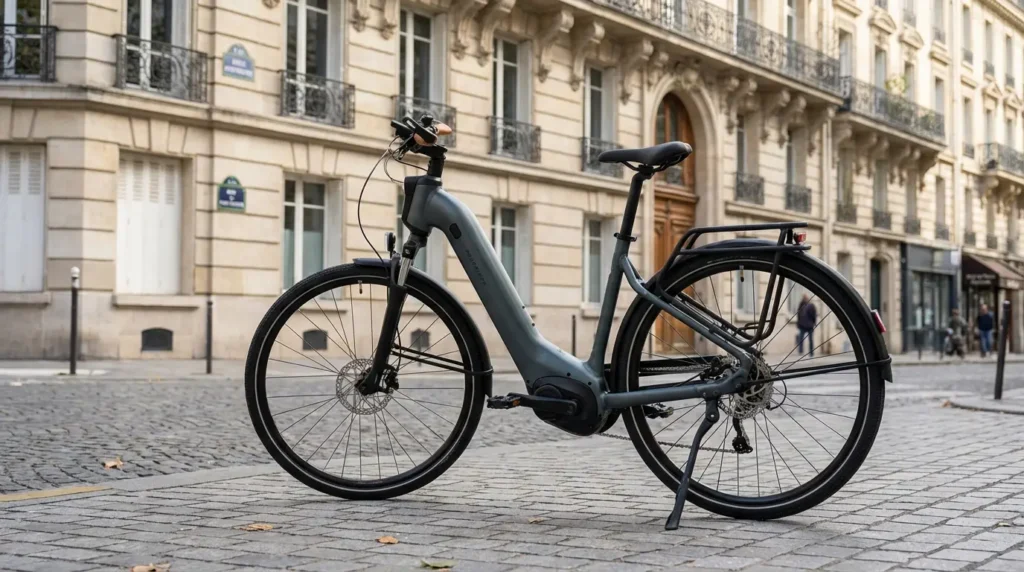 vélo électrique rockrider e actv 900 sur béquille