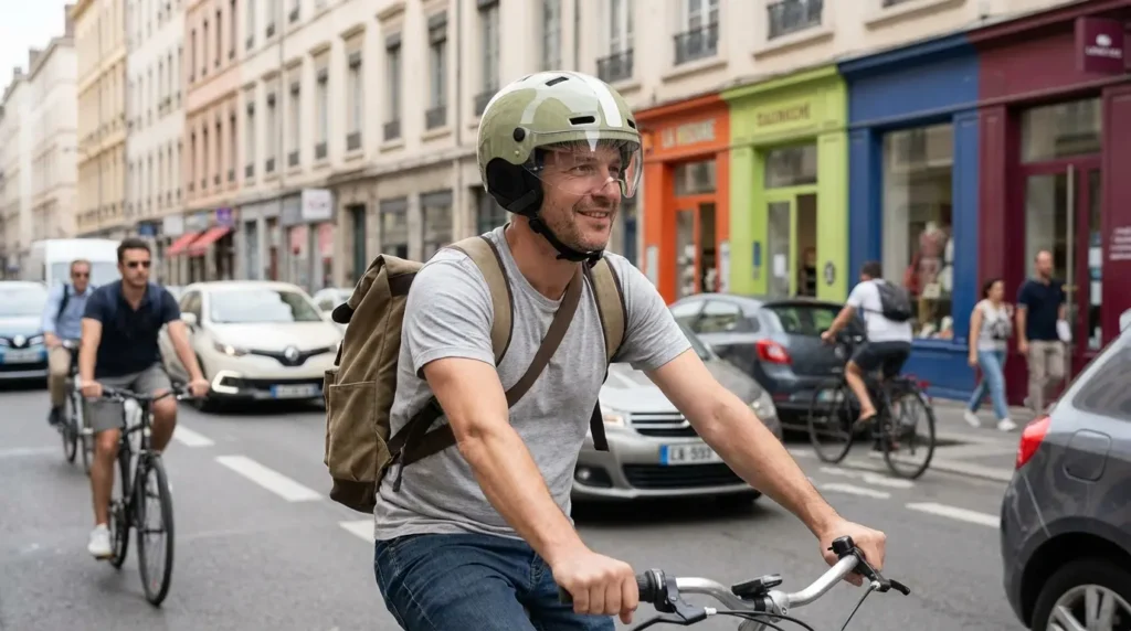 vélotafeur avec casque btwin