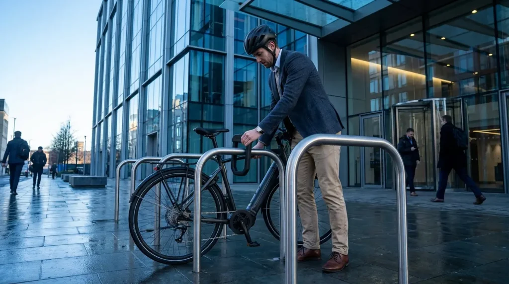 vélotafeur qui attache son vélo électrique