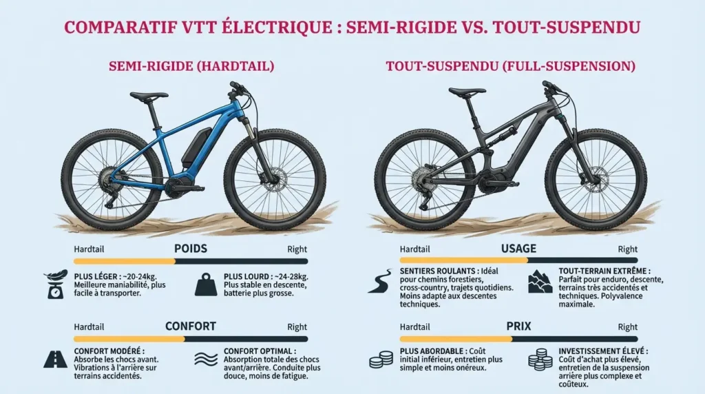 comparatif entre vtt électrique semi rigide et tout suspendu