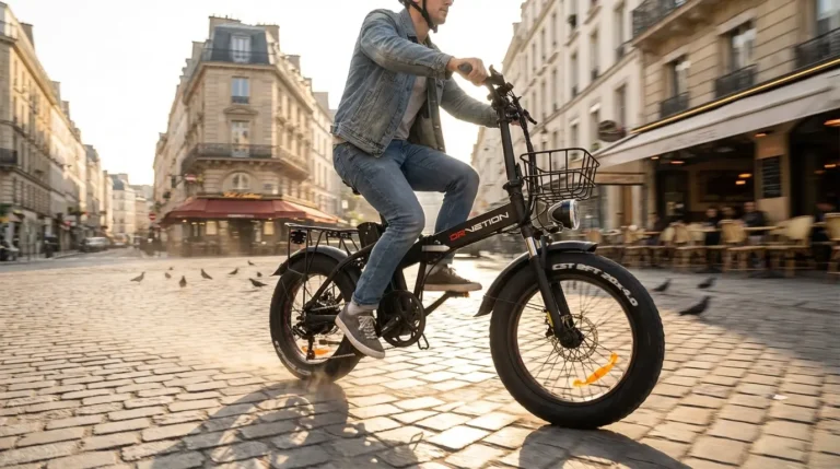 cycliste avec un at20 sur route pavée