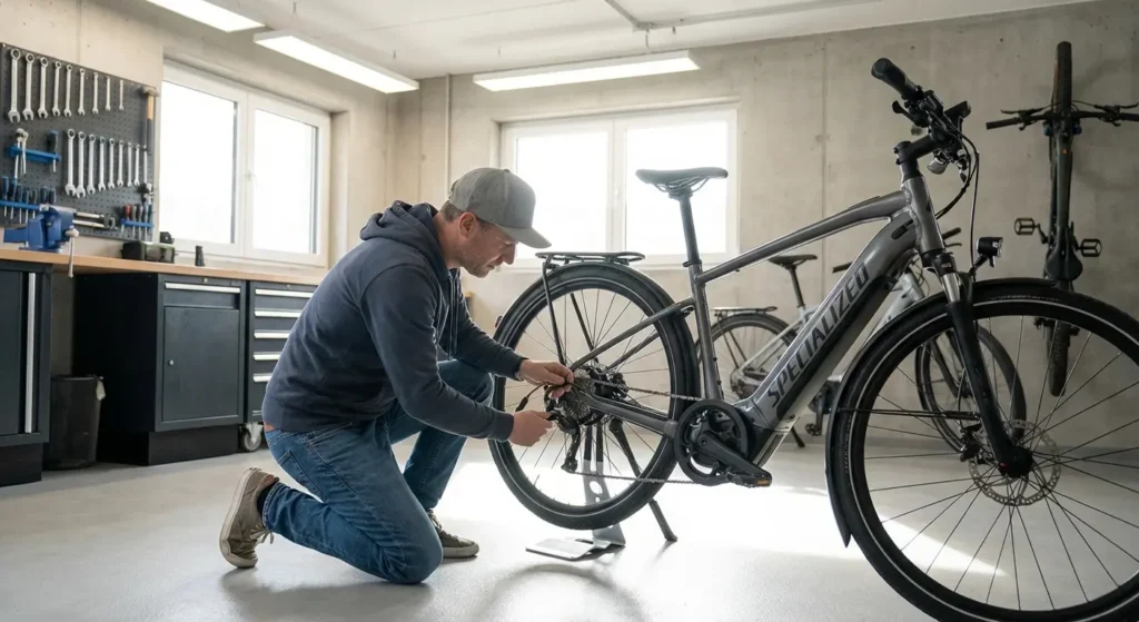 cycliste qui change le pneu arrière de son vae