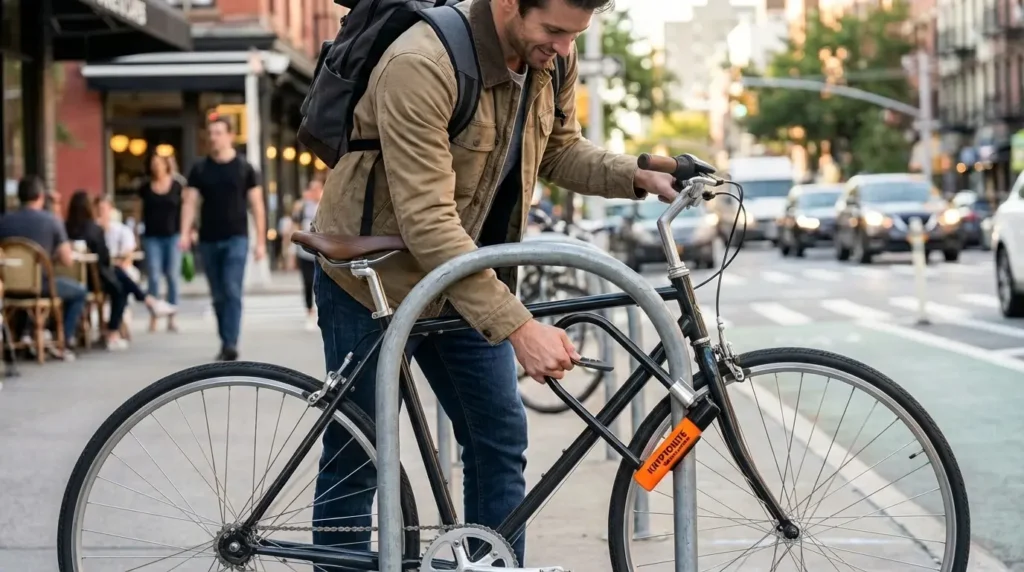 cycliste qui sécurise son vélo avec un antivole kryptonite