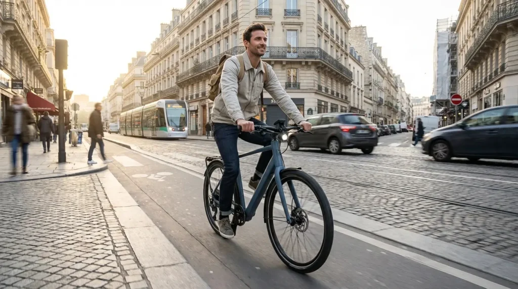cycliste sur piste cyclable en ville avec un vélo électrique winora