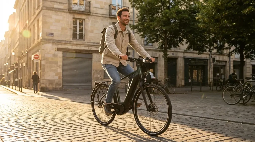 cycliste sur rue pavé avec le btwin ld 920 e