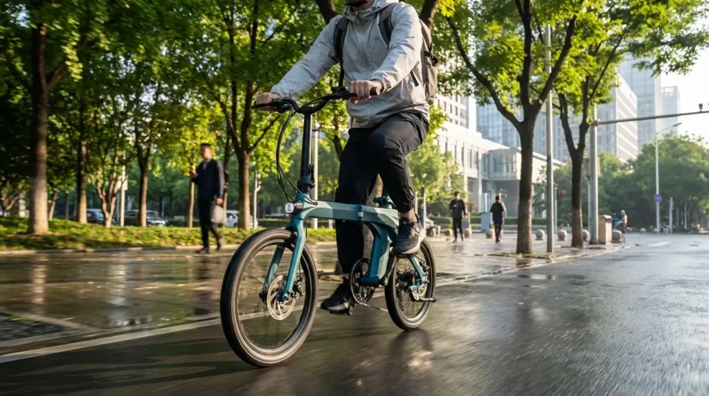 cycliste sur un fiido x sur chaussée mouillée