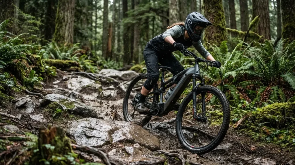 descente en forêt tropicale avec un vtt électrique decathlon