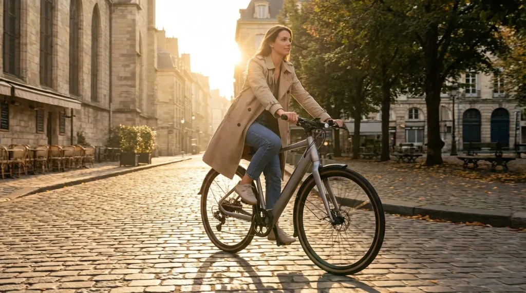 femme sur rue pavée avec son fiido c21