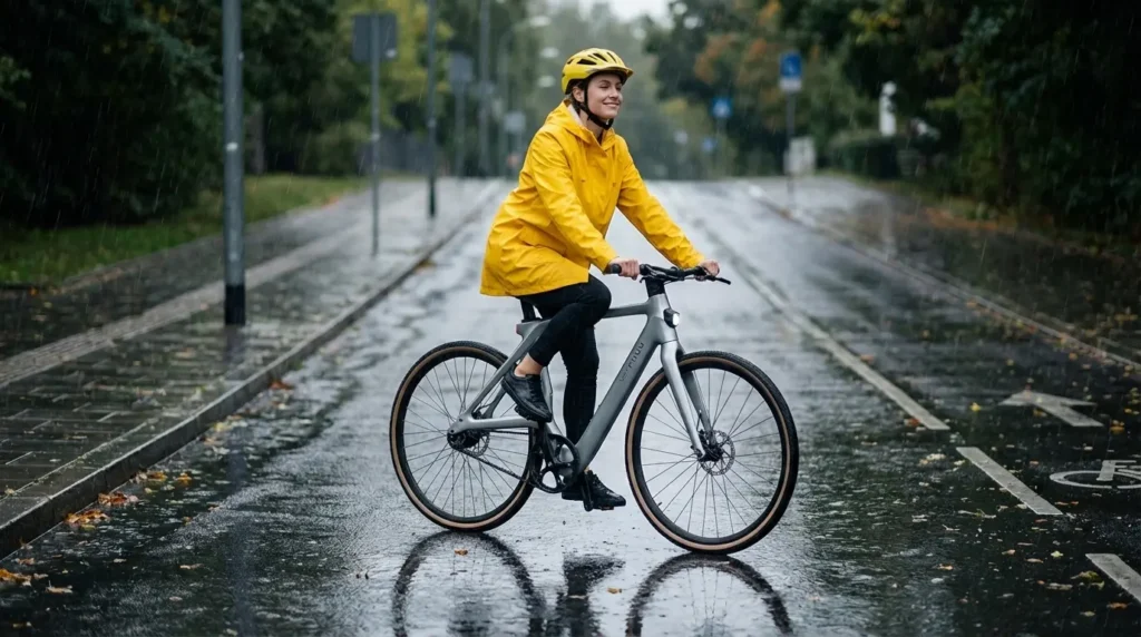 femme sur un vélo électrique sans dérailleur par temps de pluie