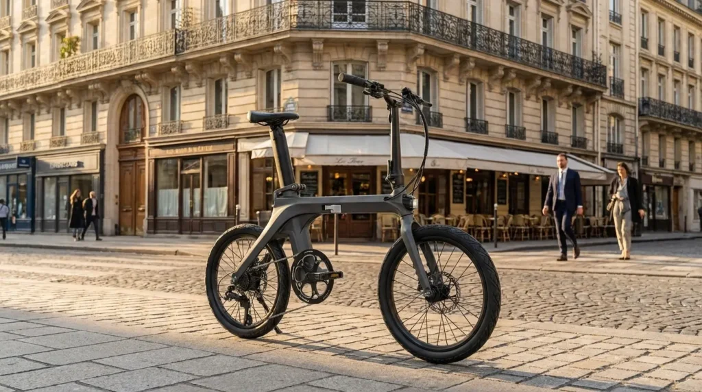 fiido x sur béquille dans une rue pavée