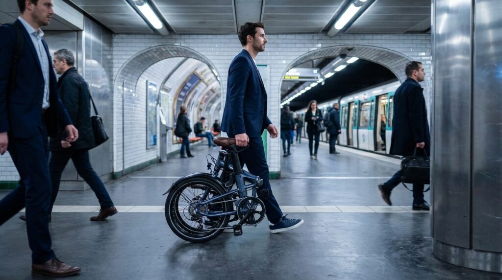 vélotafeur dans le métro avec le btwin efold 900