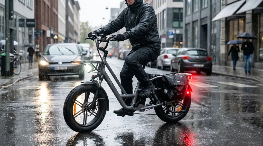 vélotafeur en fiido t2 sous la pluie