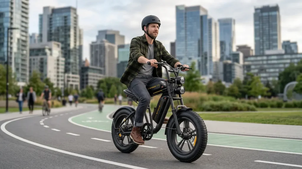 citadin sur une piste cyclable en ville avec un engwe m20