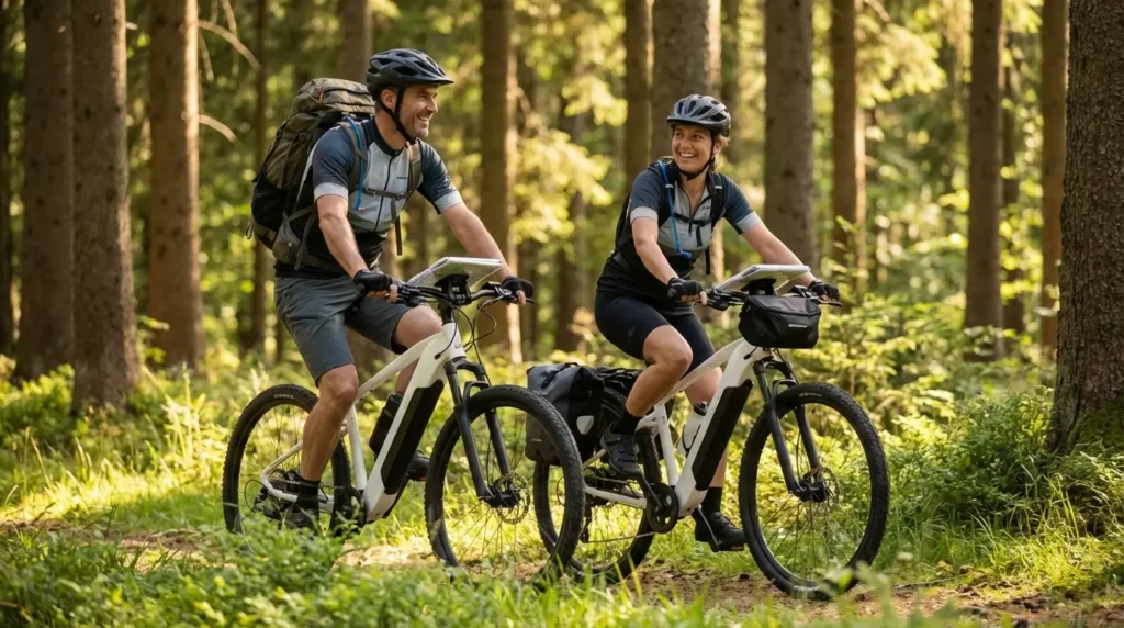 couple en ballade vtt avec le rockrider e expl 100