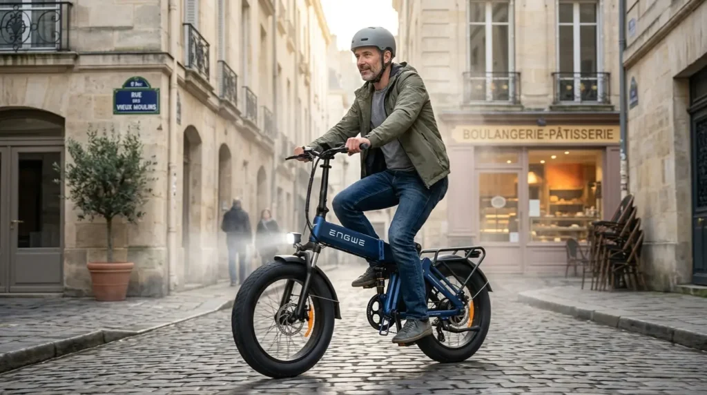 cycliste sur un engwe engine pro dans une rue pavée