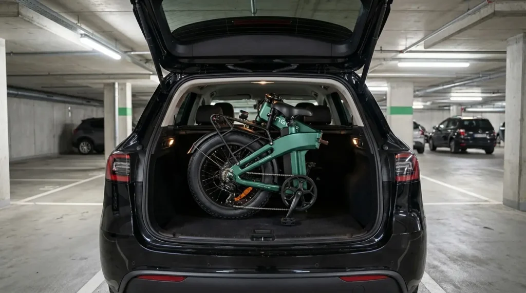 engwe ep 2 3.0 boost plié dans un coffre de voiture