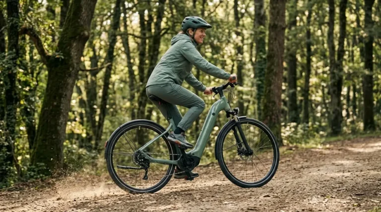 femme en balade dans les bois sur son rockrider e actv 500