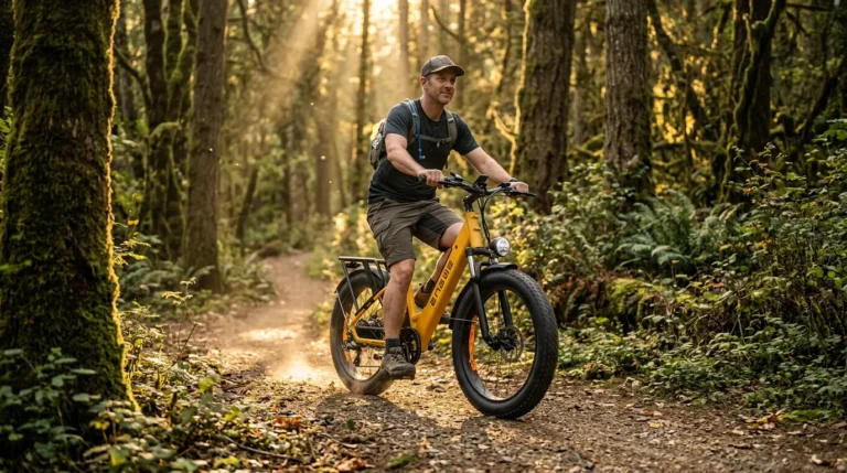 homme en cyclotourisme en forêt avec un engwe e26 à cadre bas