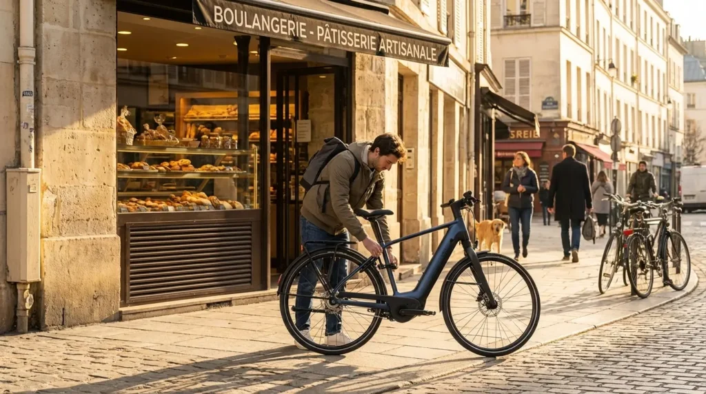 homme garant son ld 920 e devant une boulangerie