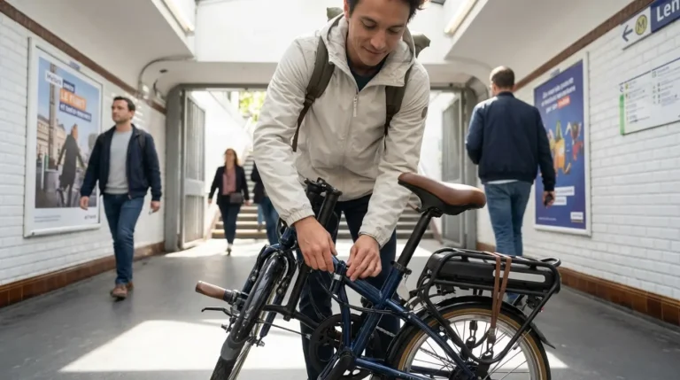 parisien dans les couloirs du métro en train de plier son e fold 500