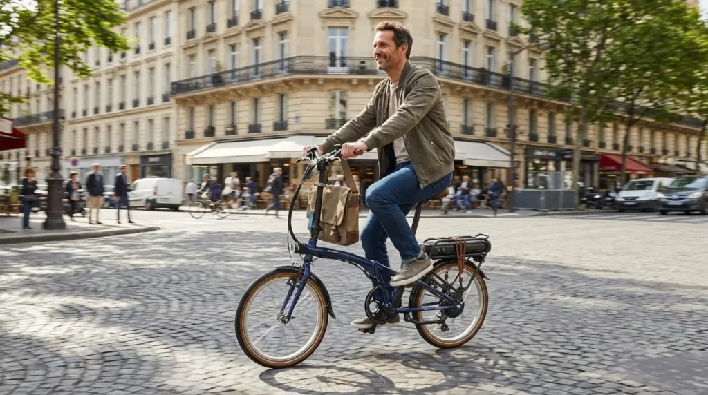 parisien sur une rue pavée avec un e fold 500